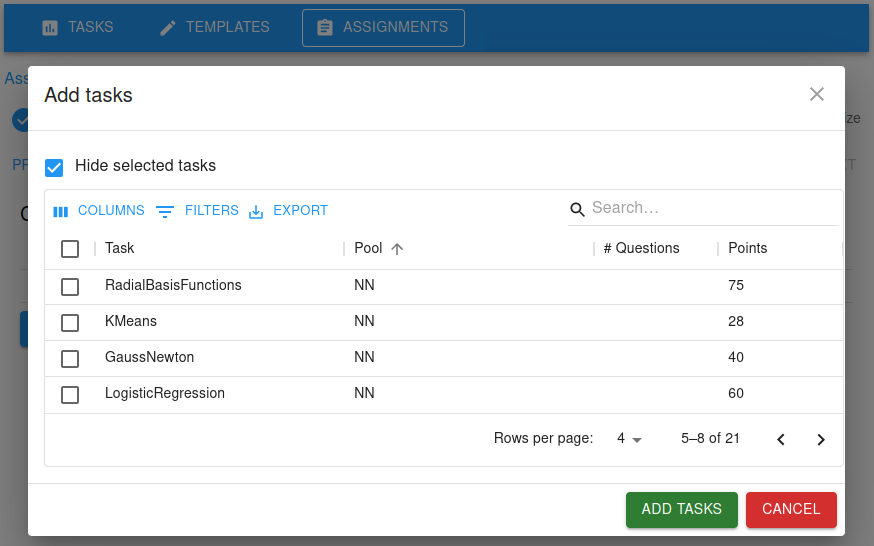 Selecting tasks for the worksheet