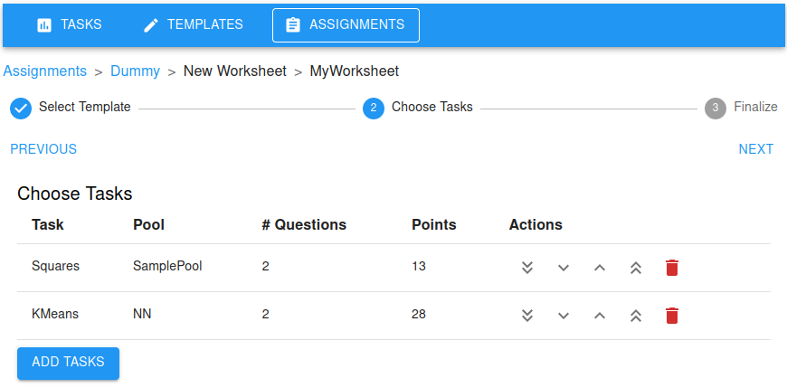 Selected tasks for the worksheet